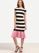 Shein Black White Striped Patchwork Ruffle Midi Dress