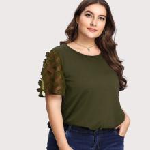 Shein Plus 3d Applique Mesh Sleeve Tee