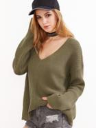 Shein Olive Green V Neck Chevron Knit Dolman Sleeve Sweater