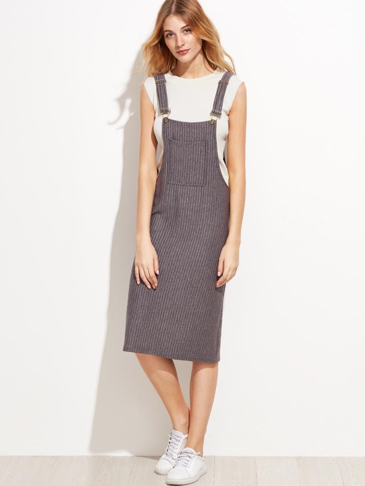 Shein Ribbed Pocket Slit Pinafore Dress