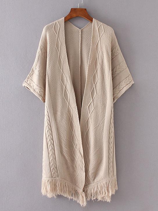 Shein Apricot Drop Shoulder Fringe Hem Diamondback Cardigan
