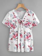 Shein V-neckline Lace Up Flower Print T-shirt
