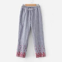 Shein Gingham Embroidery Scallop Hem Pants