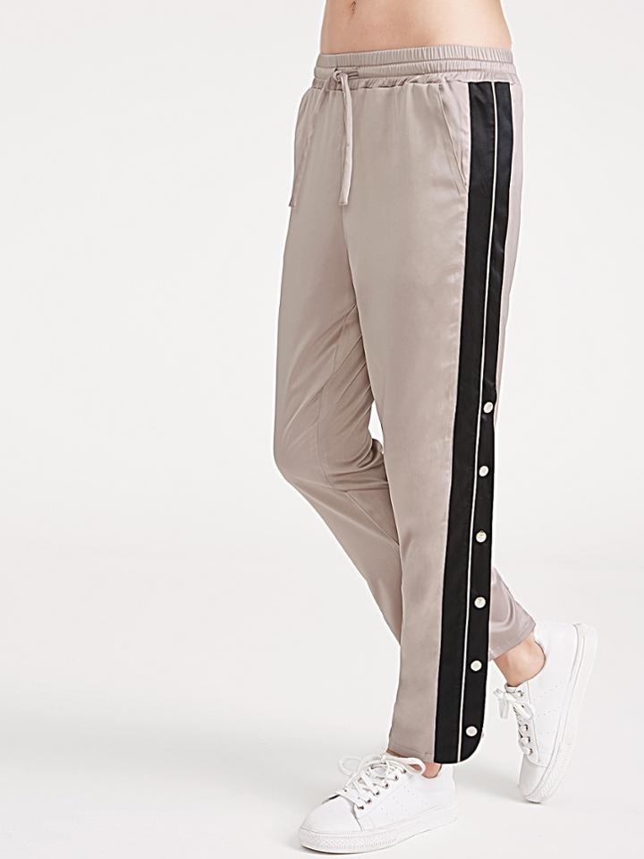 Shein Drawstring Waist Contrast Split Side Buttoned Pants