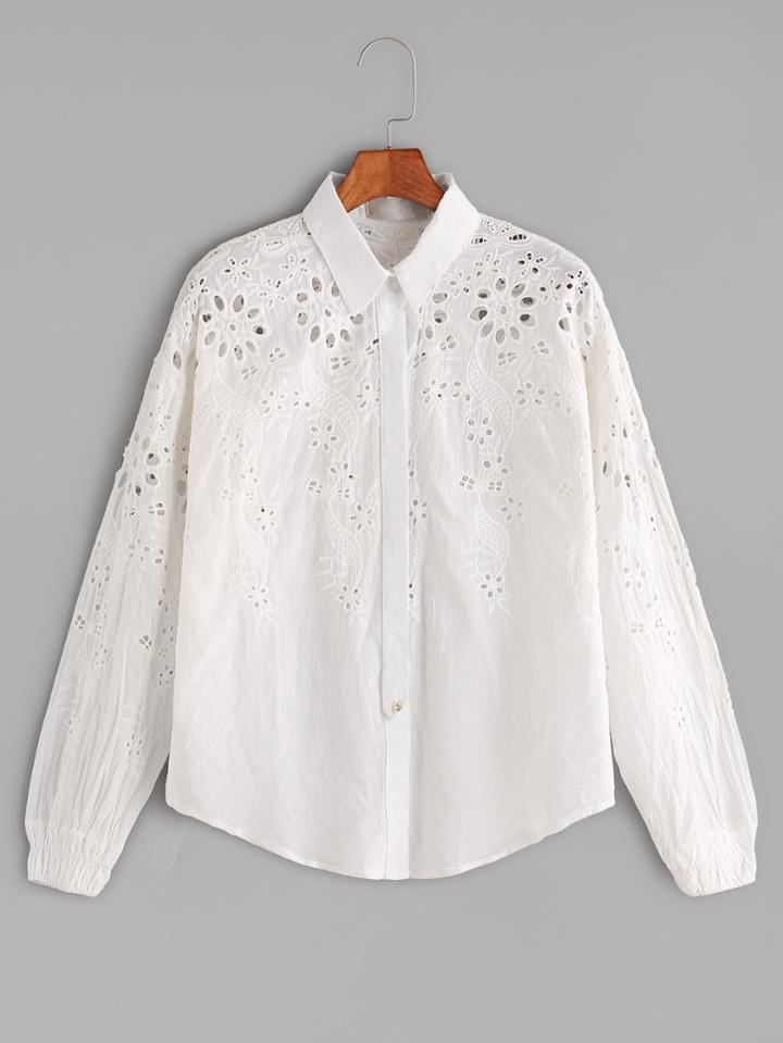 Shein Beige Eyelet Flower Embroidered Shirt