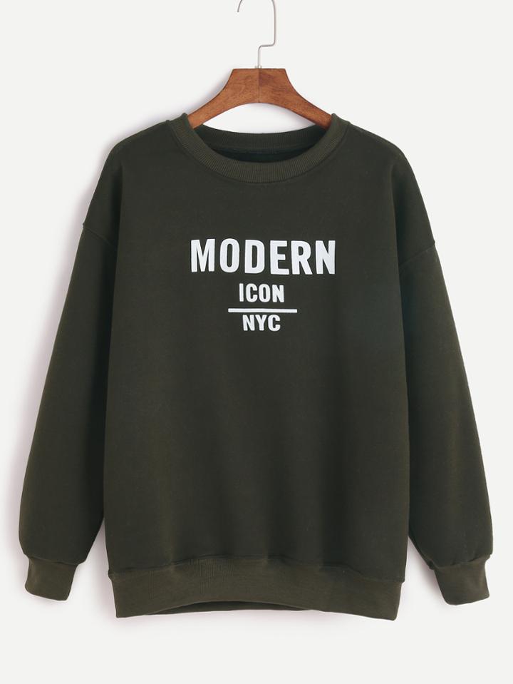 Shein Dark Green Letter Print Sweatshirt