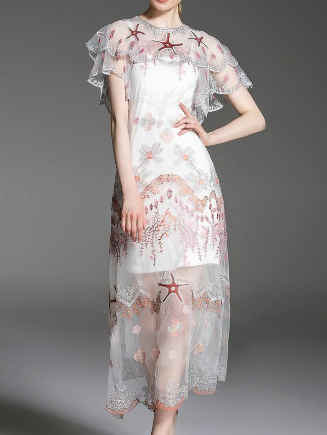 Shein White Ruffle Embroidered A-line Dress