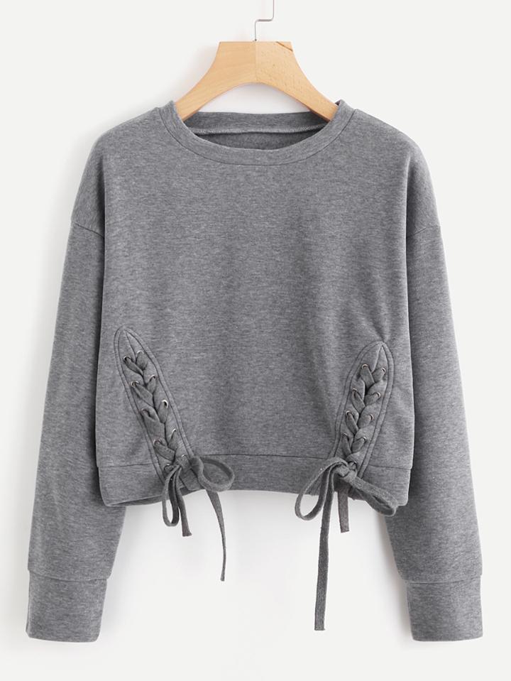 Shein Lace Up Detail Marled Pullover