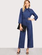 Shein Tie Neck Elastic Waist Chambray Wide Leg Jumpsuit