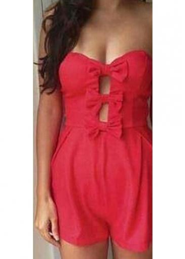 Rosewe Red Bowknot Decorated Sleeveless Zip Closure Romper