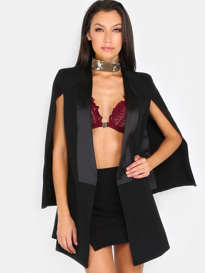 Shein Satin Trim Cape Blazer Black