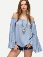 Shein Off-the-shoulder Bell Sleeve Blouse - Blue