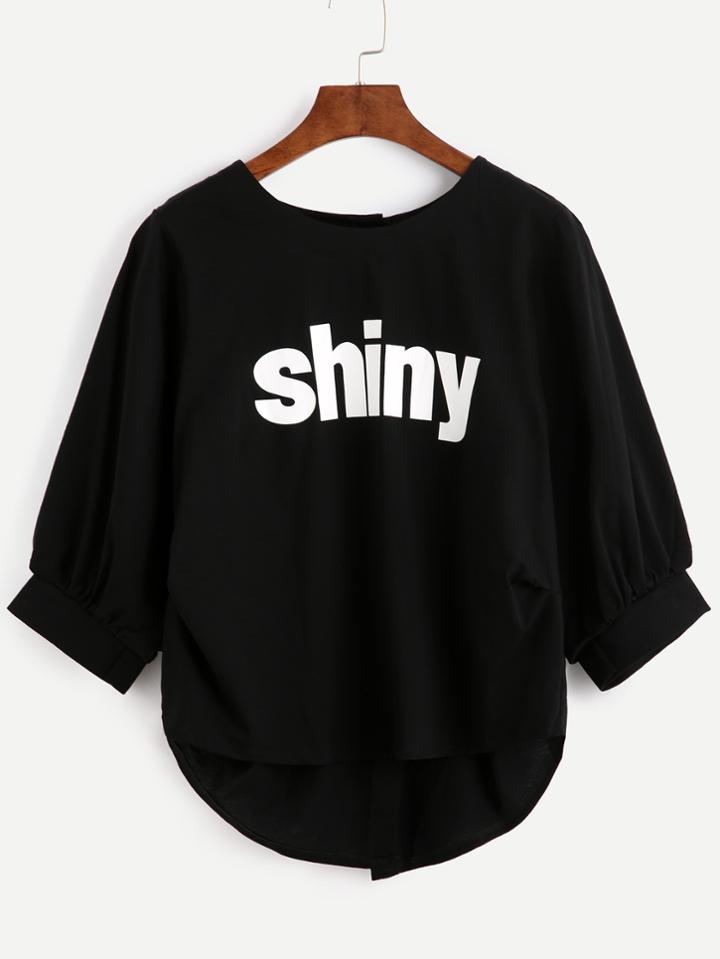 Shein Black Letter Print Button Back High Low T-shirt