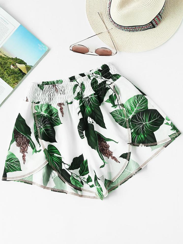 Shein Jungle Leaf Print Smocked Waist Overlap Shorts