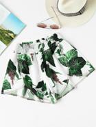 Shein Jungle Leaf Print Smocked Waist Overlap Shorts