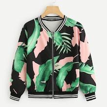 Shein Jungle Leaf Print Striped Bomber Jacket
