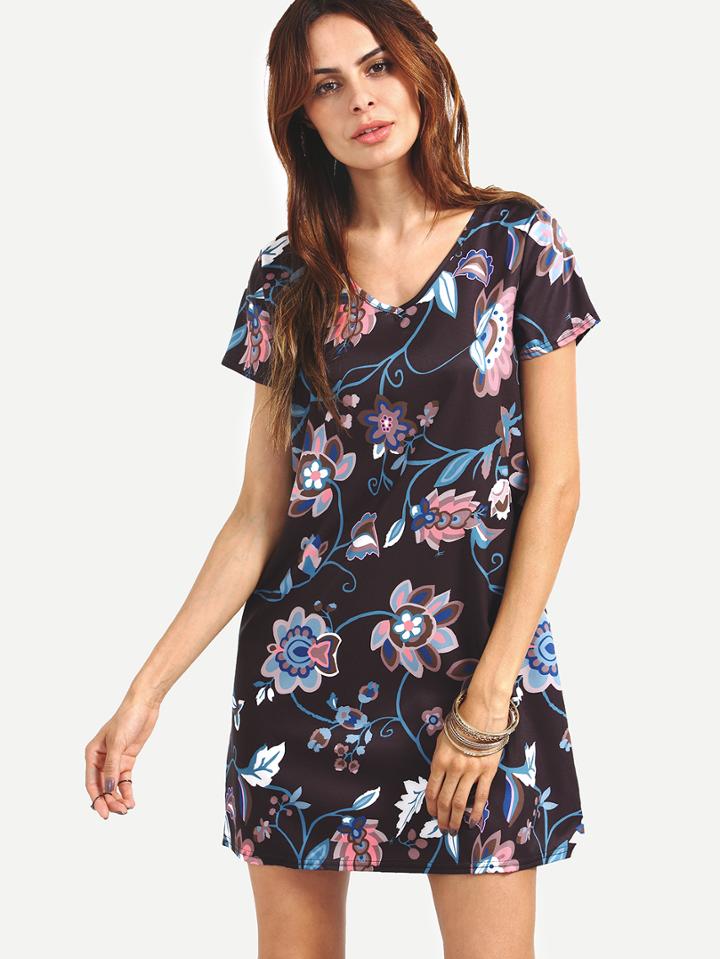 Shein V-neck Flower Print Shift Dress - Black