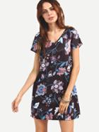 Shein V-neck Flower Print Shift Dress - Black