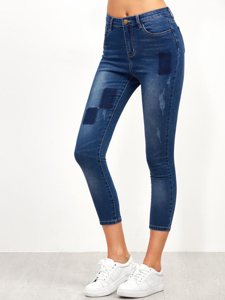 Shein Blue Crop Skinny Jeans With Patchwork Detail