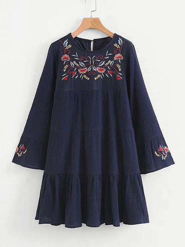 Shein Flower Embroidery Tiered Smock Dress