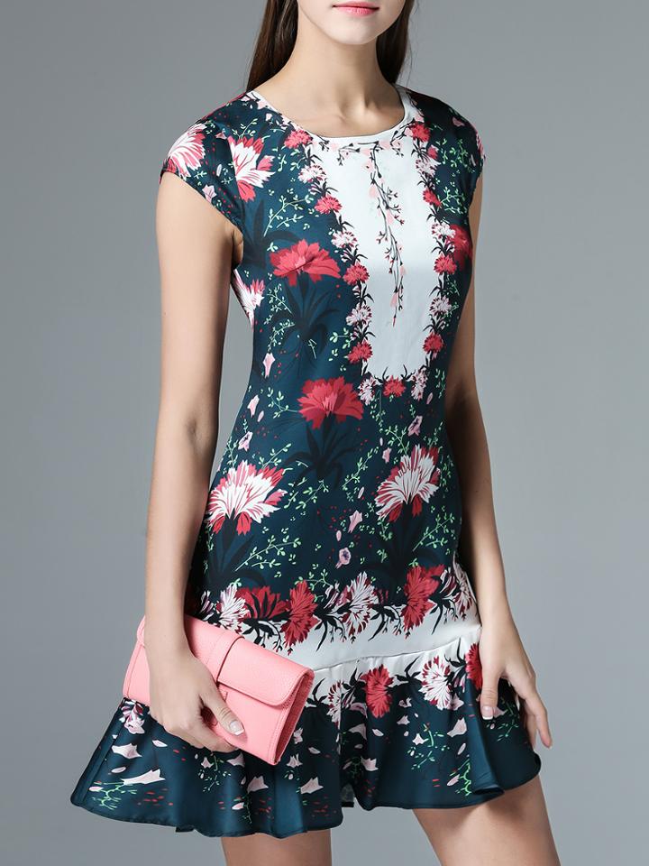 Shein Navy Crew Neck Floral Ruffle Dress