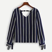 Shein Knot Cuff Striped V Neck Blouse