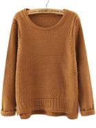 Shein Khaki Round Neck Dip Hem Loose Sweater