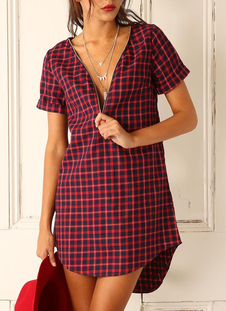 Shein Red Short Sleeve Zipper Plaid Dress