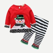 Shein Girls Snowman Print Tee With Striped Pants