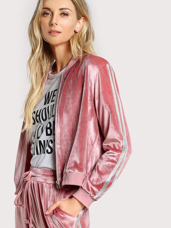 Shein Ribbed Trim Zip Up Velvet Bomber Jacket