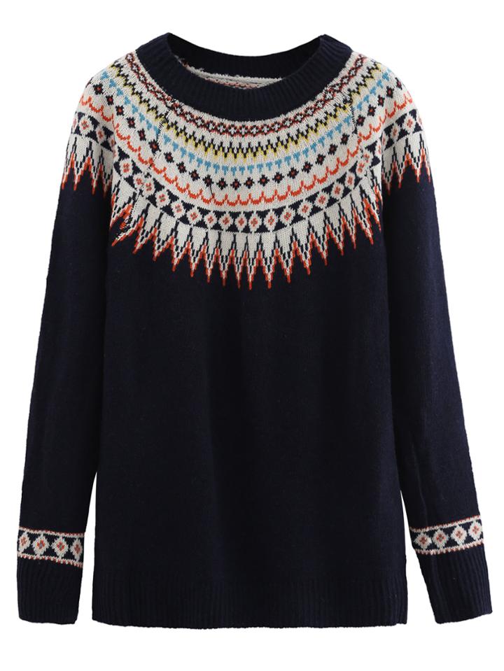 Shein Navy Geometric Print Raglan Sleeve Sweater