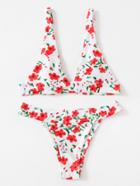 Shein Calico Print Plunge Neck Triangle Bikini Set