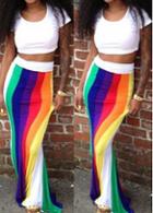 Rosewe Two Pieces Rainbow Print Maxi Skirt Set