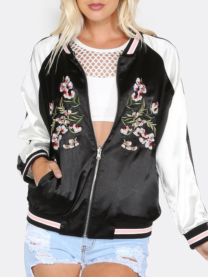 Shein Embroidered Satin Reversible Jacket Black