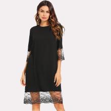Shein Lace Cuff And Hem Belted Dress
