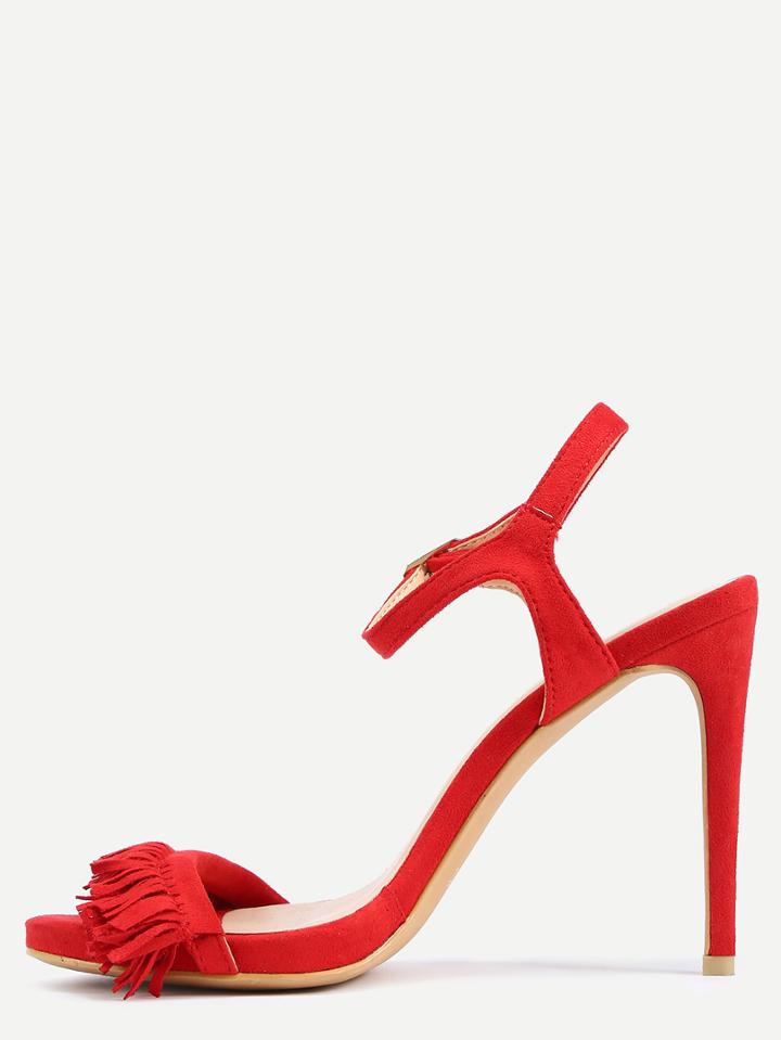 Shein Faux Suede Tasselled Strap Heeled Sandals - Red