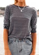 Rosewe Stripe Print Round Neck Loose T Shirt