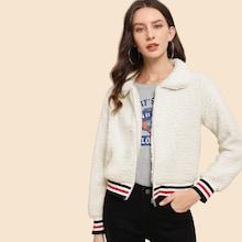 Shein Contrast Striped Trim Teddy Jacket