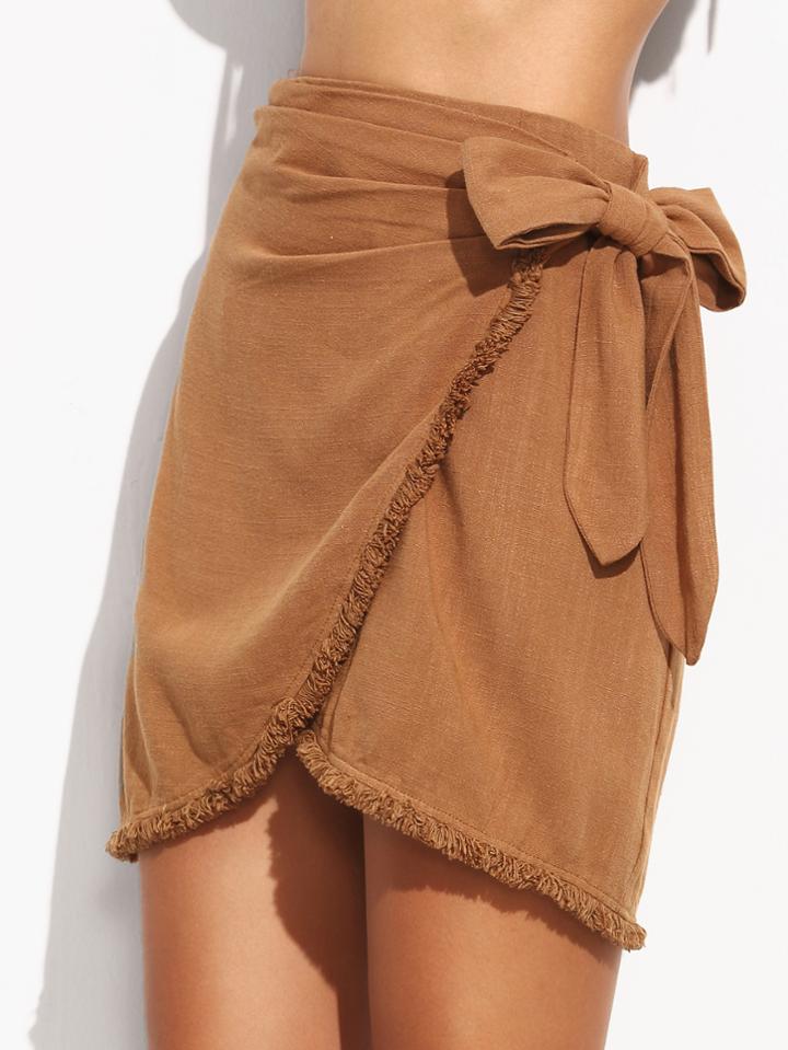 Shein Khaki Bow Tie Waist Asymmetrical Hem Skirt