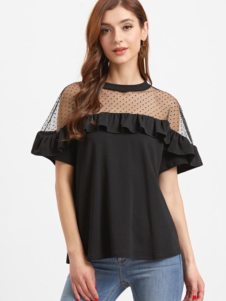 Shein Dotted Mesh Shoulder Frill T-shirt