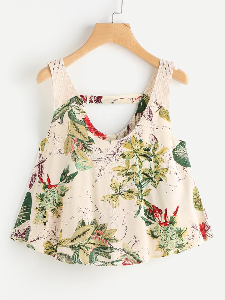 Shein Tropical Print Crochet Panel Tank Top