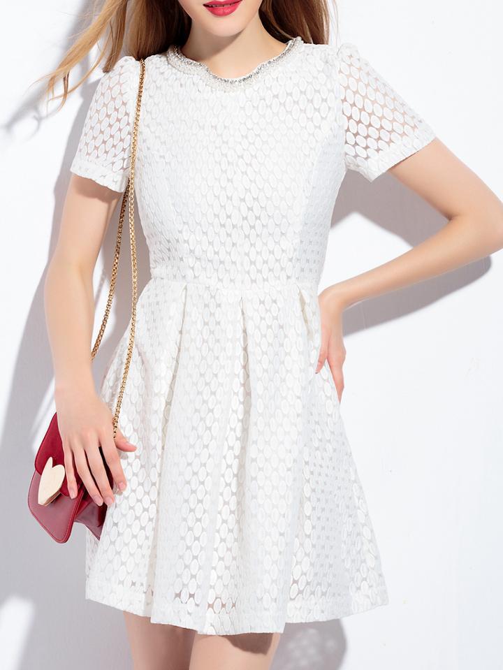 Shein White Gauze Embroidered Beading A-line Dress