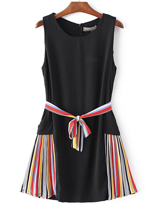 Shein Black Striped Side Tie Waist Sleeveless Dress
