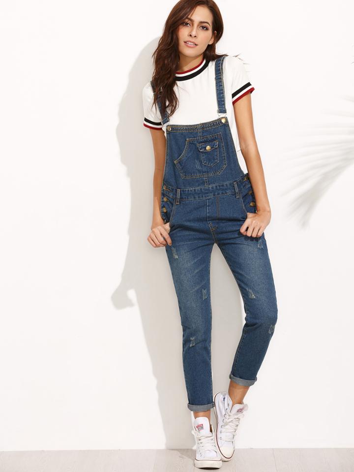 Shein Dark Blue Straps Scratch Denim Overall Pants