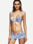 Shein Blue Flower Print Skirted Bikini Set