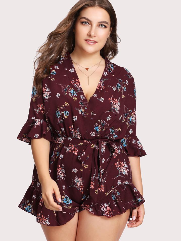 Shein Ruffle Trim Ditsy Wrap Romper