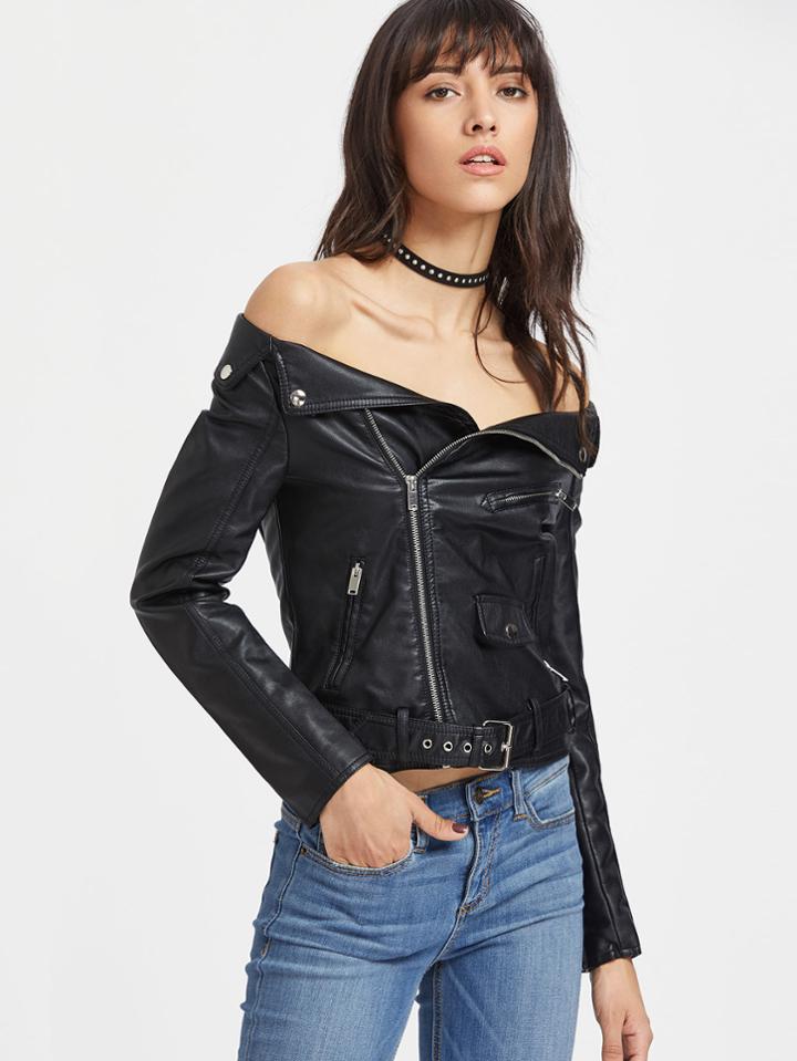 Shein Boat Neckline Pu Jacket With Buckle