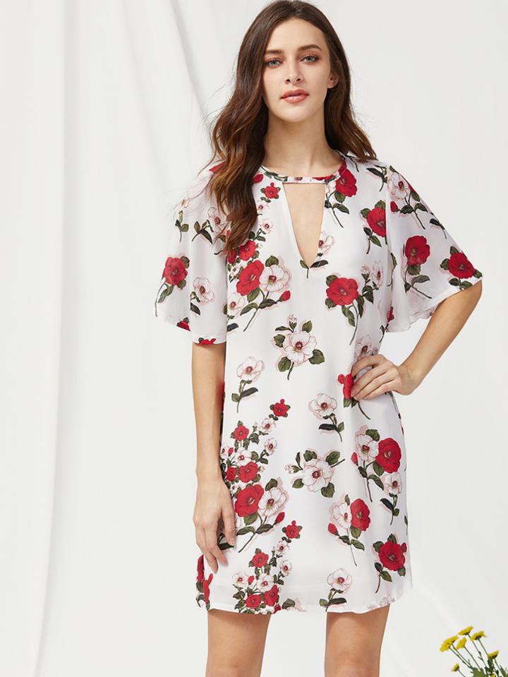 Shein V Cut Short Sleeve Floral Dress