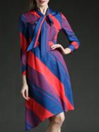 Shein Red Blue Color Block Tie Neck Asymmetrical Dress