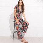 Shein Knot Front Floral & Striped Top & Pants Set